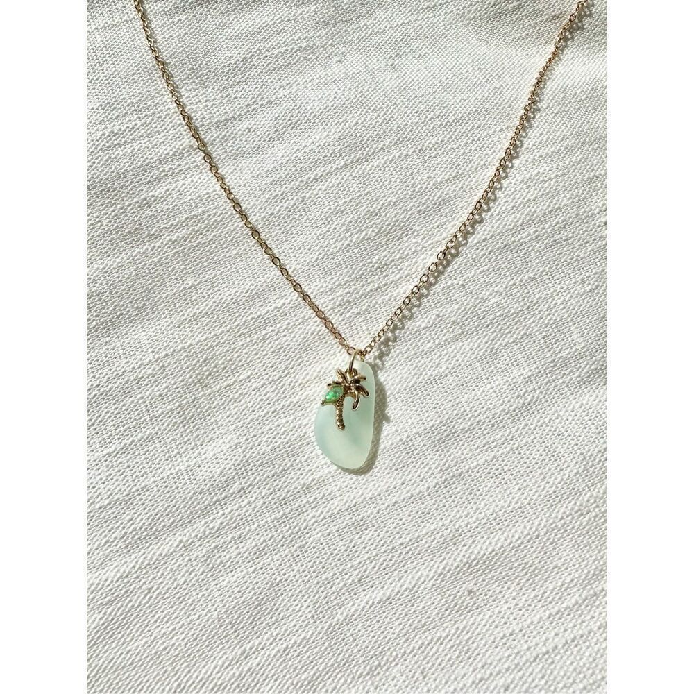 Light green beach sea glass palm tree pendant necklace with green opalescent det